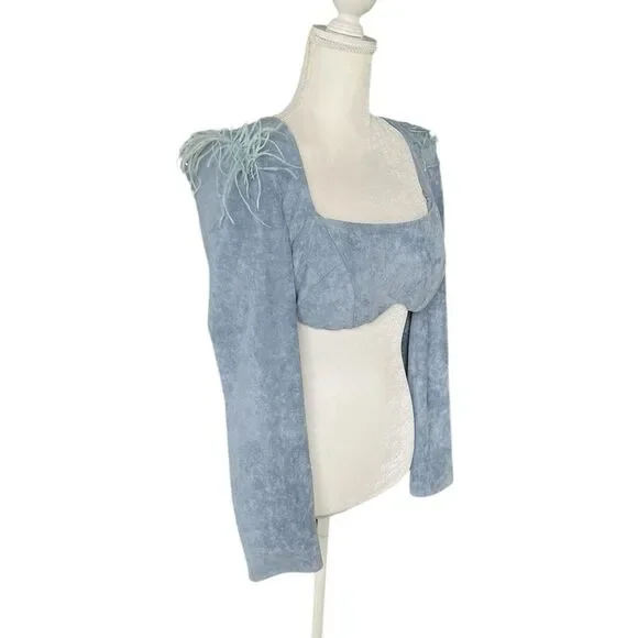 HANIFA Blue Faux Suede Cropped Top with Feathers Size Medium - Picture 4 of 5